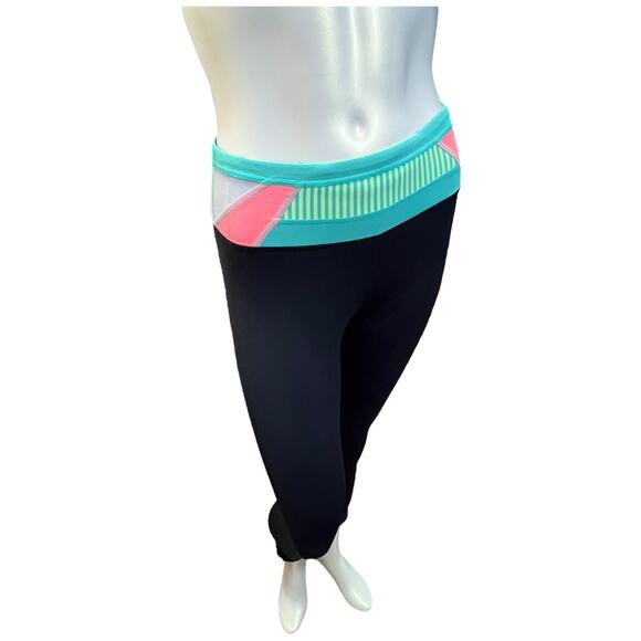 Lululemon Black Yoga Leggings with Turquoise/Coral Striped Waistband - Size 4 - Picture 12 of 16